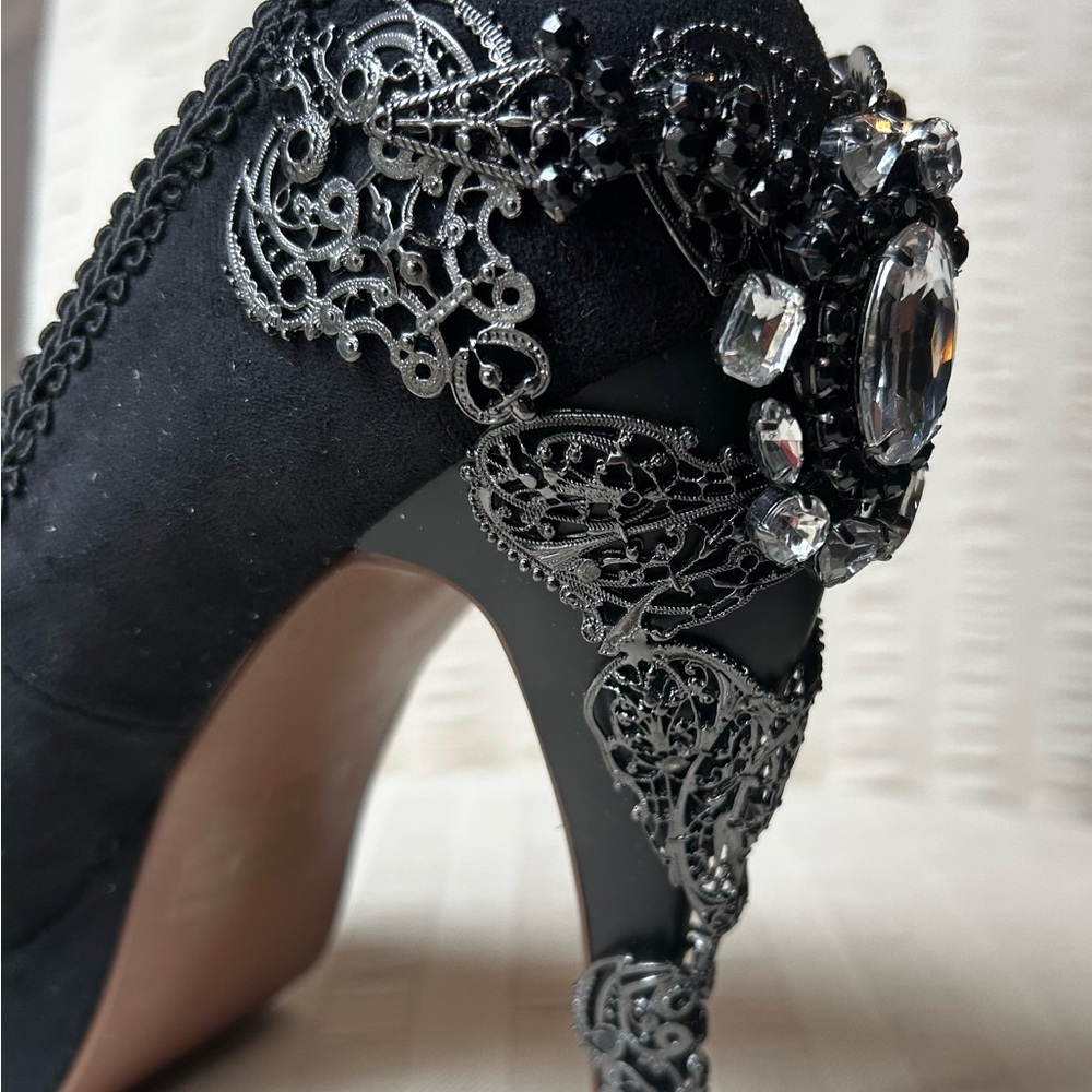 Hades Black Heels with lace trim, metallic & rhinestone Embellishments. - Picture 9 of 11